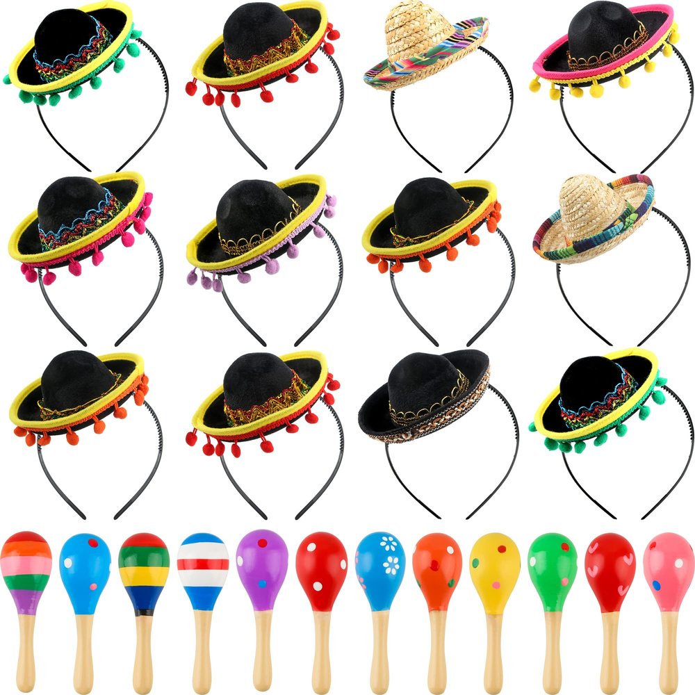 Cagemoga Fiesta Party Favors: 12 Sombrero Headbands and 12 Colorful Wooden Maracas for Mexican Themed Parties and Celebrations