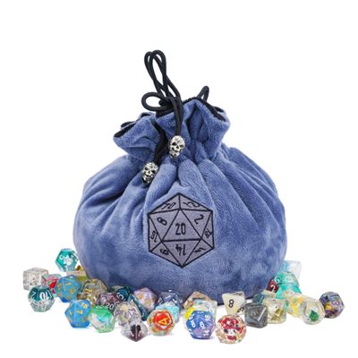 KSNDie Large Dice Bags with Pockets Blue Storage Bag D20 Logo for DND RPG Game Dices (with 1lb Random DND Dice)