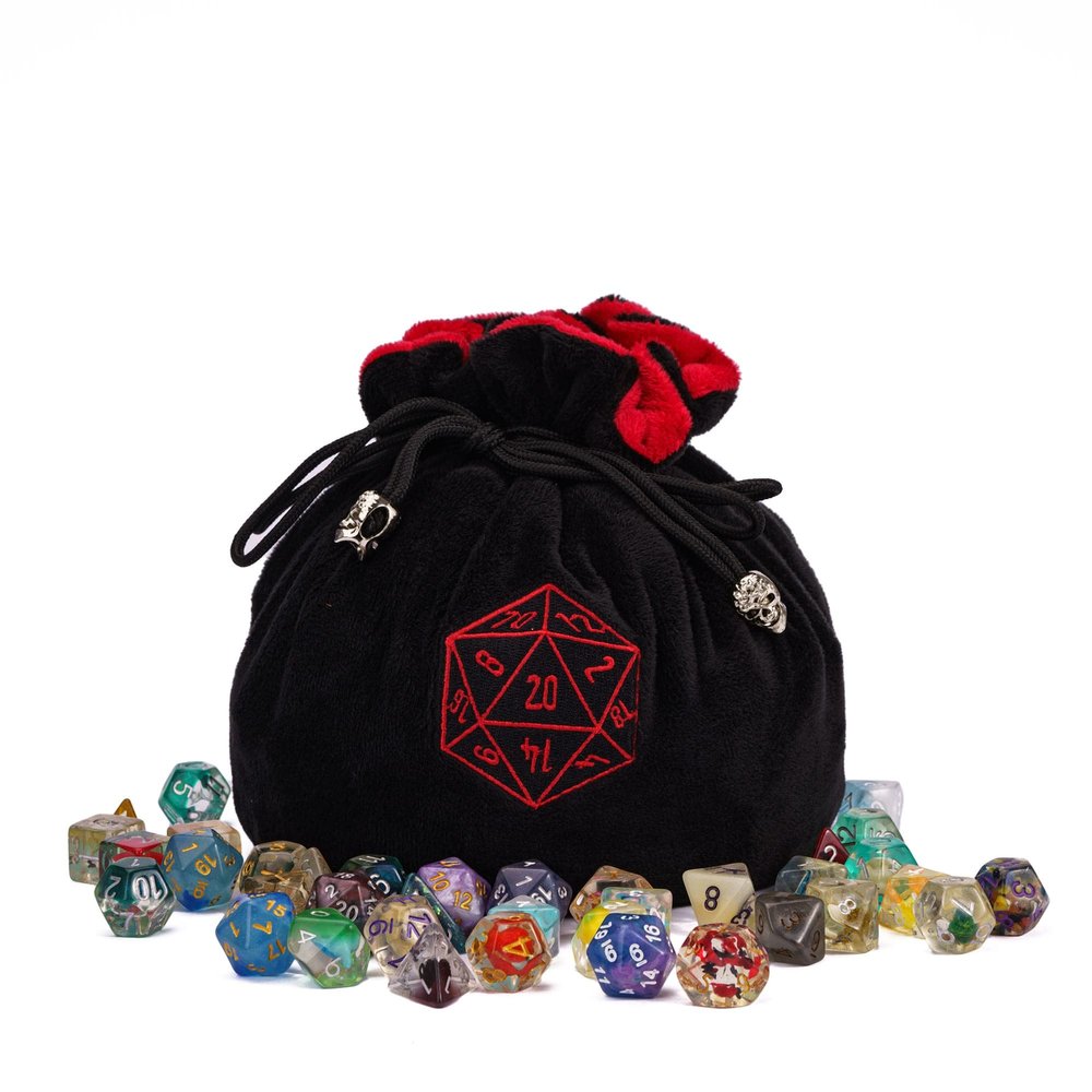 KSNDie Large Dice Bags with Pockets Black Storage Bag D20 Logo for DND RPG Game Dices (with 1lb Random DND Dice)