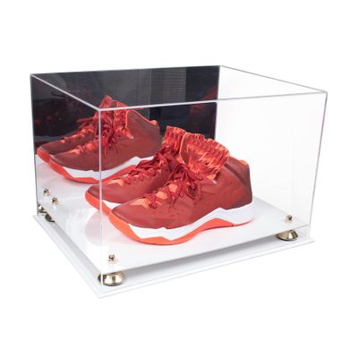 Better Display Cases Acrylic Extra Large Shoe Display Case for Basketball Shoe, Hightop, Soccer & Football Cleats with Mirror Case, Gold Risers and White Base 18" x 14" x 12" (A014/V60)
