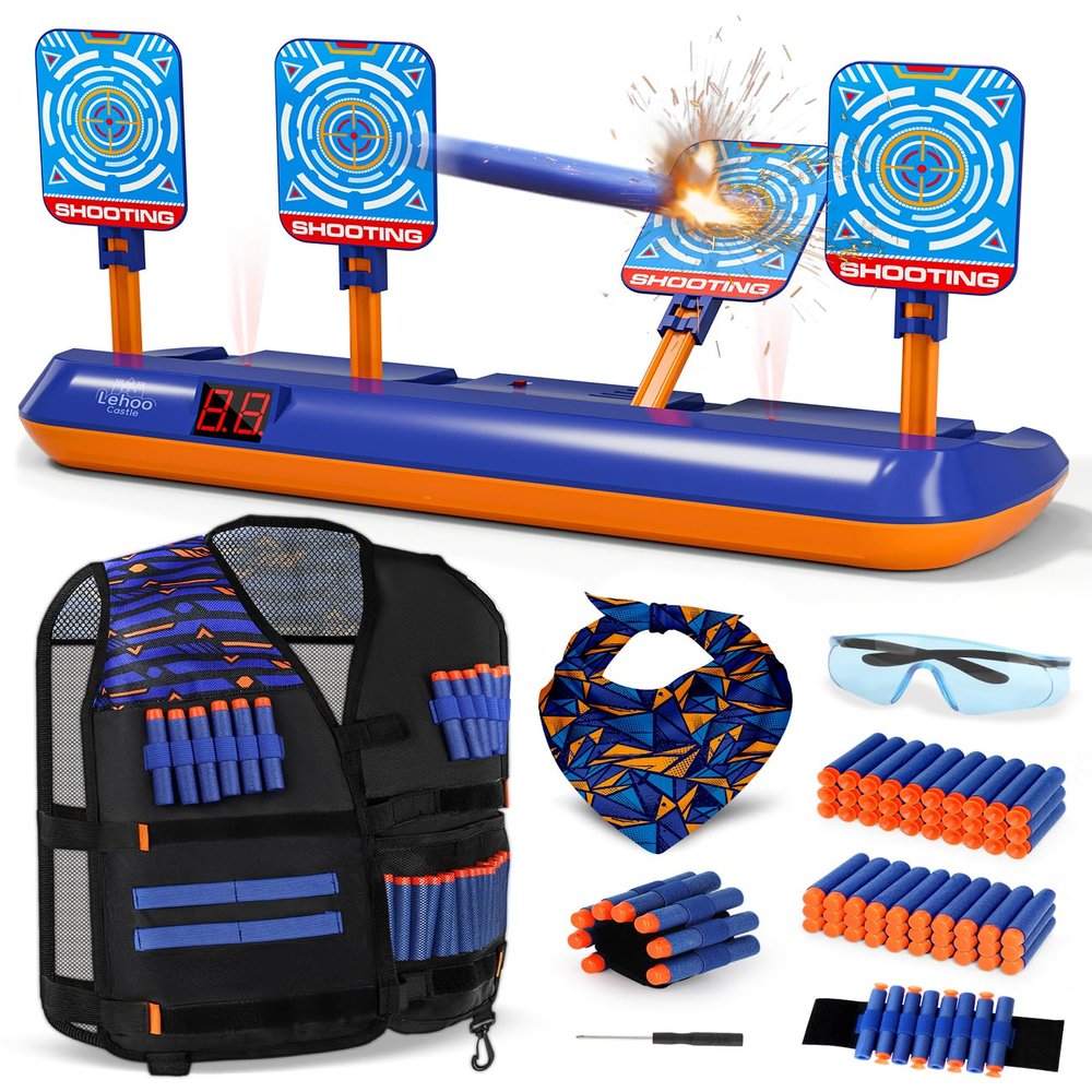 Lehoo Castle Electronic Shooting Targets, Digital Target for Nerf Guns with Auto-Reset, Scoring Shooting Games Includes Kids Tactical Vest, 60 Bullets, Glasses, Gift Toy for Kids Boys Girls