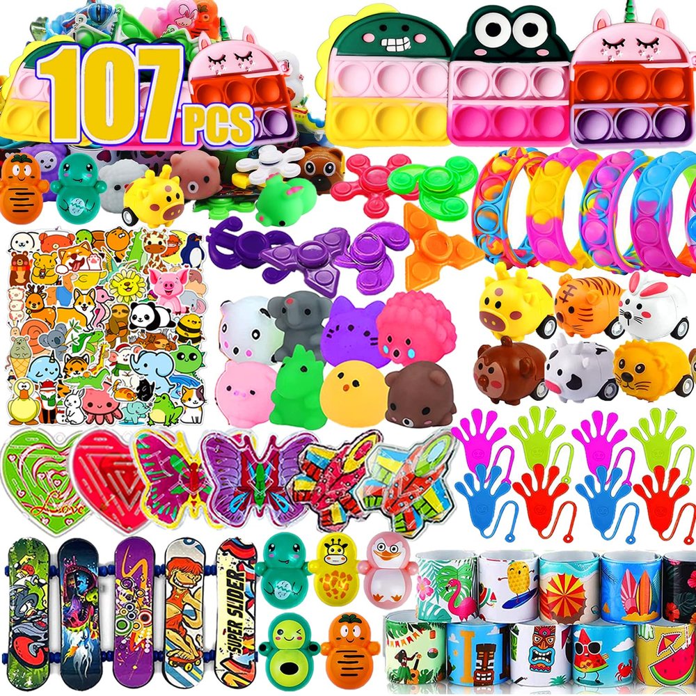 Dilycery 107 PCS Party Favors Toys, Treasure Box Toys for Classroom, Pop Fidget Toys Treasure Chest for Kids Prizes Classroom, Bulk Pinata Stuffers Goodie Bag Fillers for Kids 4-8