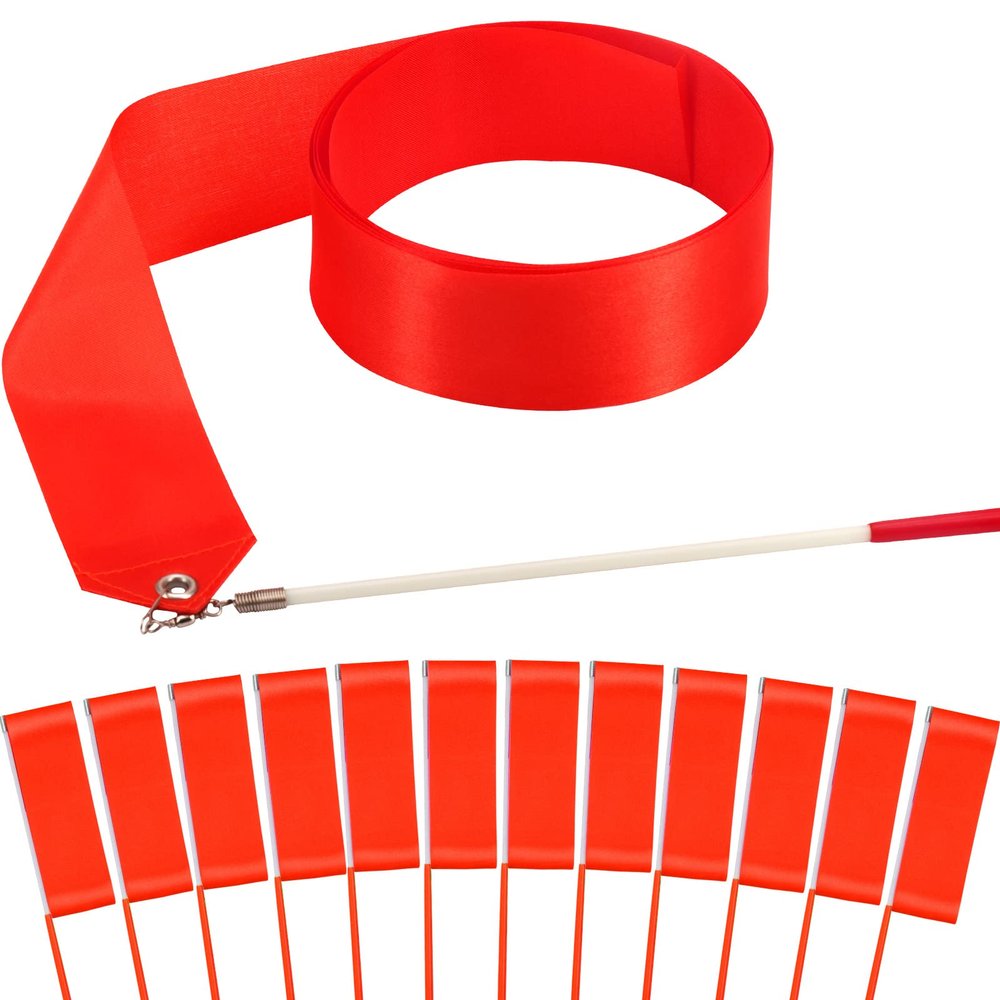 HiUnicorn 12PCS Red Dance Ribbons, Red Party Favors, 4th of July Accessories, Ribbon Dancer Wand for Kids Gymnastics Ballerina Birthday Danza Cristiana Party Decoration