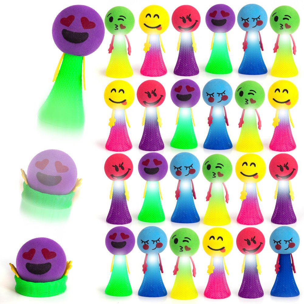 ArtCreativity Light-Up Jumping Popper Toys for Kids 24 PCS LED Spring Launchers with Flashing Lights, Emoticon Faces, Jump Up to 4 Feet, Party Favors, Goodie Bag Fillers for Boys & Girls