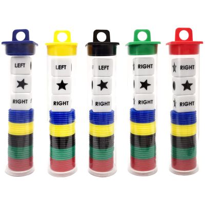 Ahoper Left Right Center Dice Game Prime Set Bundle with 3 Dices + 30 Chips - (5 Pack). Round Tube Storage is Very Convenient for Travel. Easy to Store, Carry Around.