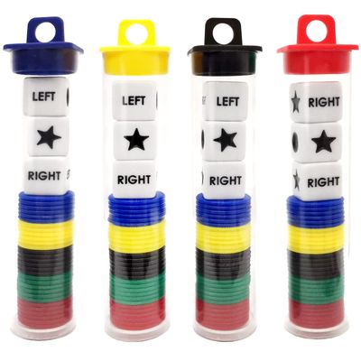Ahoper Right Left Center Dice Game Prime Set Bundle with 3 Dices + 30 Chips - 4 Sets Assorted Colors. Round Tube Storage is Very Convenient for Travel. Easy to Store, Carry Around. (4 Pack)