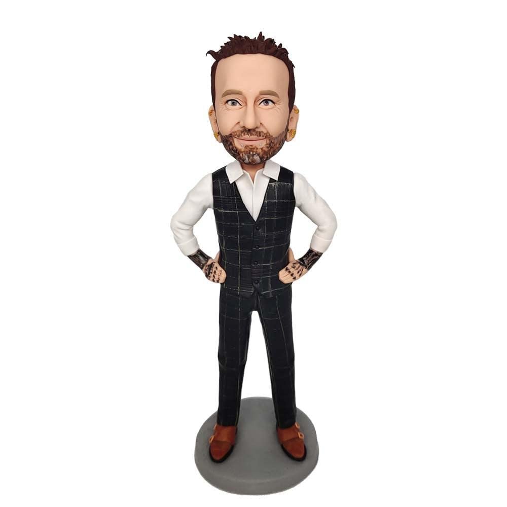 Custom Gentleman Bobblehead - Personalized Handmade Sculpture for Men, Elegant Suit & Confident Pose, Office Desk Decor, Unique Gift for Him, Made from Your Photo