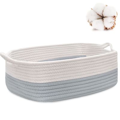 ABenkle Small Storage Basket with Handles, Cotton Rope Woven Dog Cat Toy Bin, Decorative Shelves Closet Organizing for Nursery Laundry Bedroom Bathroom, 14.2''x 11''x 5.1''