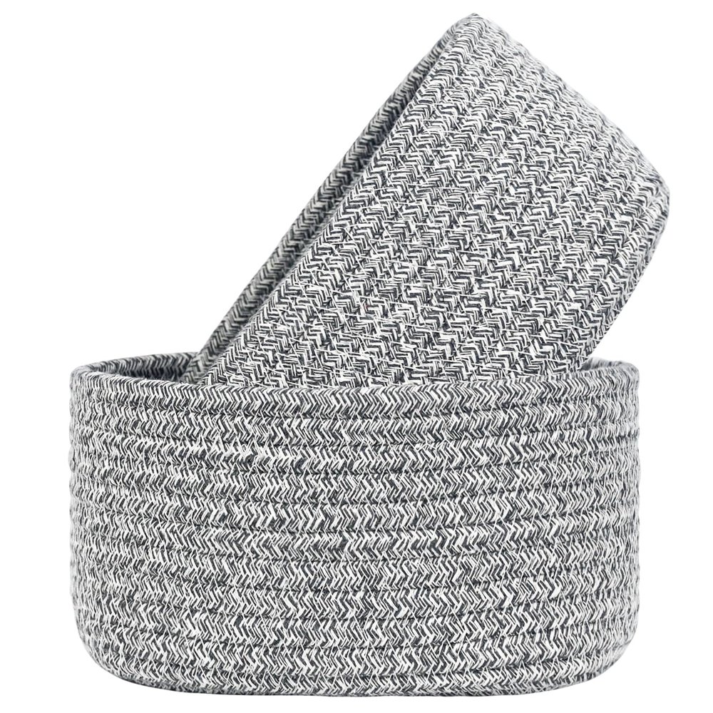 2 PackABenkle Small Woven Baskets, Tiny Oval Shallow Storage Baskets, Mini Cotton Rope Empty Decorative Basket, Boho Little Organizer Bins for Bathroom, Cat Dog Toy Gifts Baskets