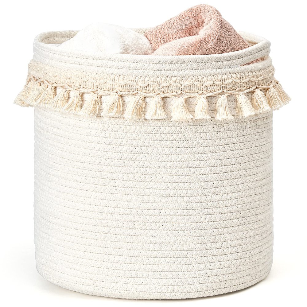 Mkono Macrame Decorative Cotton Rope Basket Boho Nursery Decor Small Cute Woven Tassel Closet Storage Bins Organizer for Baby Toys,Magazines, Potted Plants Cover,Living Room,Bedroom, 15.7"x19.6"