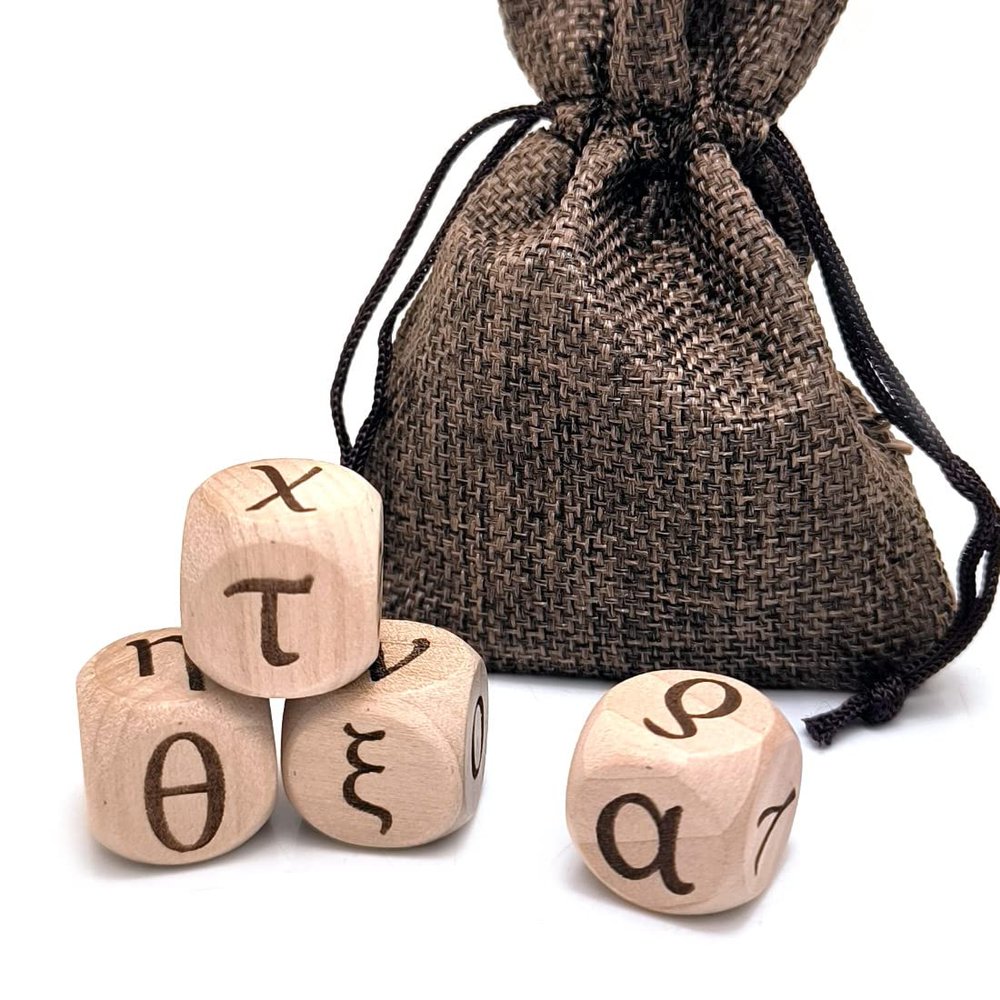 The Greek Alphabet Wooden Dice Set, 24 Carved Greek Letters Pattern Cube Rolling Dices for Teaching Party Game (Lowercase, 4Pcs/Set)