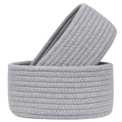 2 PackABenkle Small Woven Baskets, Tiny Oval Shallow Storage Baskets, Mini Cotton Rope Empty Decorative Basket, Boho Little Organizer Bins for Bathroom, Cat Dog Toy Gifts Baskets