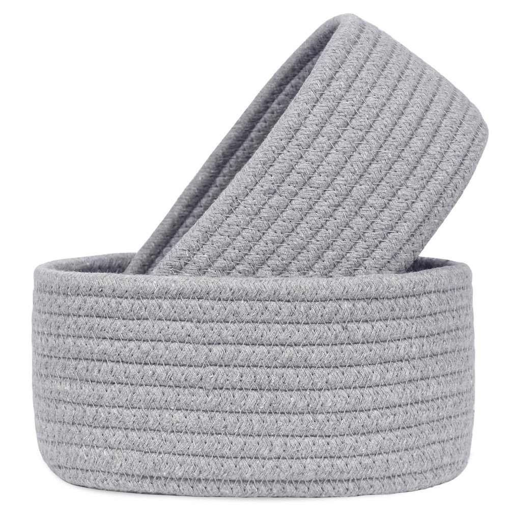 2 PackABenkle Small Woven Baskets, Tiny Oval Shallow Storage Baskets, Mini Cotton Rope Empty Decorative Basket, Boho Little Organizer Bins for Bathroom, Cat Dog Toy Gifts Baskets