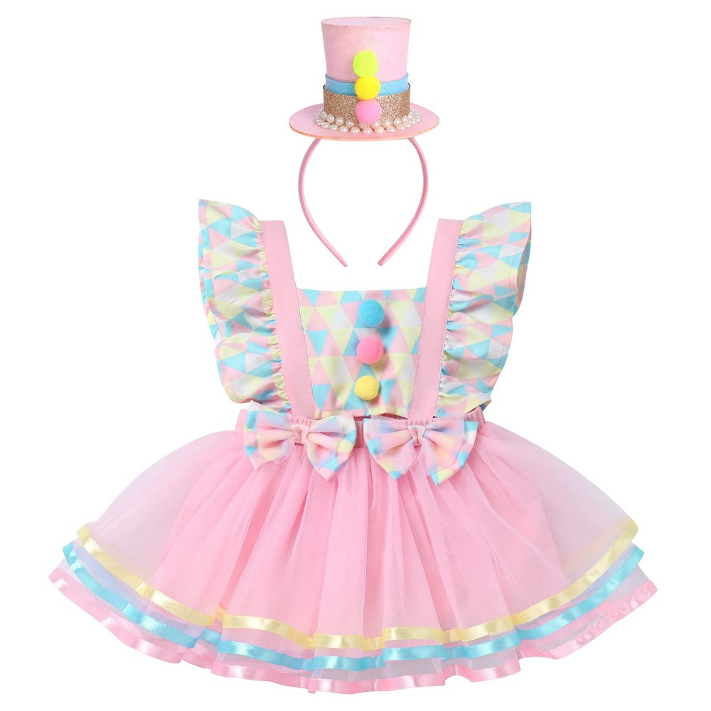 Baby Girls Carnival Costume Halloween Party Cosplay Outfits Toddler Newborn Flying Sleeve Square Neck Ruffle Bowknot Ball Circus Birthday Princess Tutu Romper Dress with Headband Pink 2PCS 0-6 Months