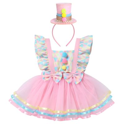 Baby Girls Carnival Costume Halloween Party Cosplay Outfits Toddler Newborn Flying Sleeve Square Neck Ruffle Bowknot Ball Circus Birthday Princess Tutu Romper Dress with Headband Pink 2PCS 18-24