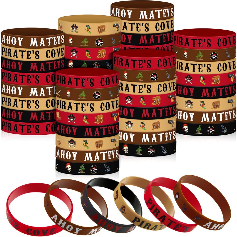 Leitee 48 Pcs Pirate Rubber Bracelets Pirate Party Theme Wristbands Silicone Wristbands Party Supplies Favors Accessories for Men Women Birthday Prizes, 4 Styles