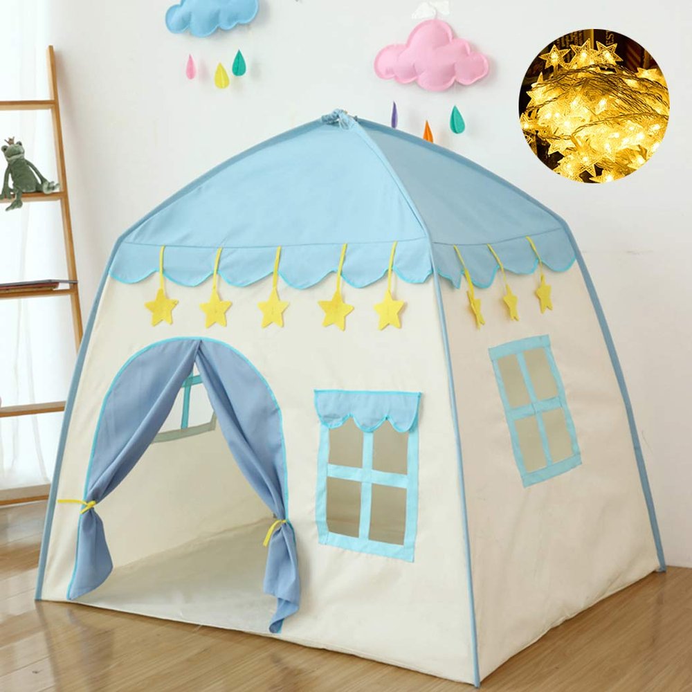 Kids Play Tent Princess Prince Castle Play Tent Large Children Playhouse with Fairy Lights Oxford Fabric EN71 ASTM Certified Indoor Outdoor Toddler Toys Christmas & Birthday Gift for Kids (Blue)