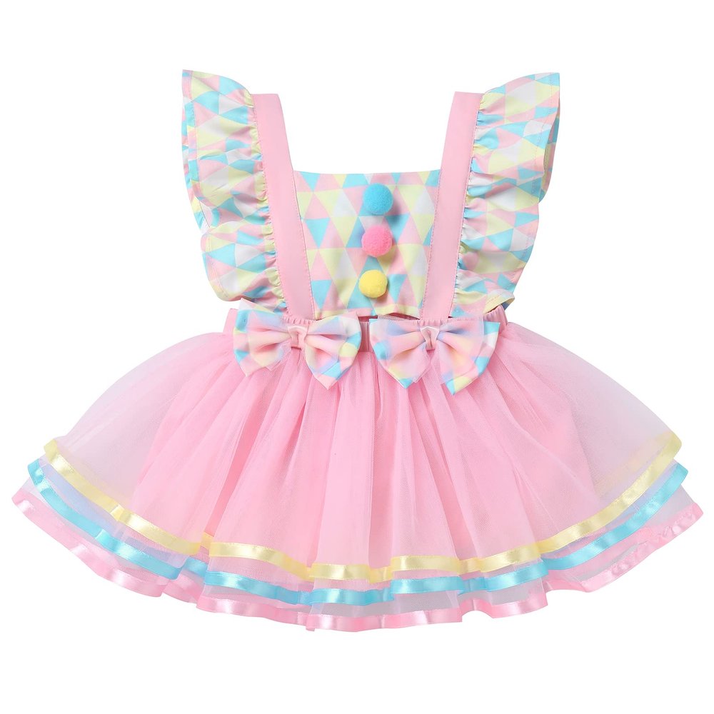 Baby Girls Carnival Costume Halloween Party Cosplay Outfits Toddler Newborn Flying Sleeve Square Neck Ruffle Bowknot Ball Circus Birthday Princess Tutu Romper Dress with Headband Pink 1PCS 0-6 Months