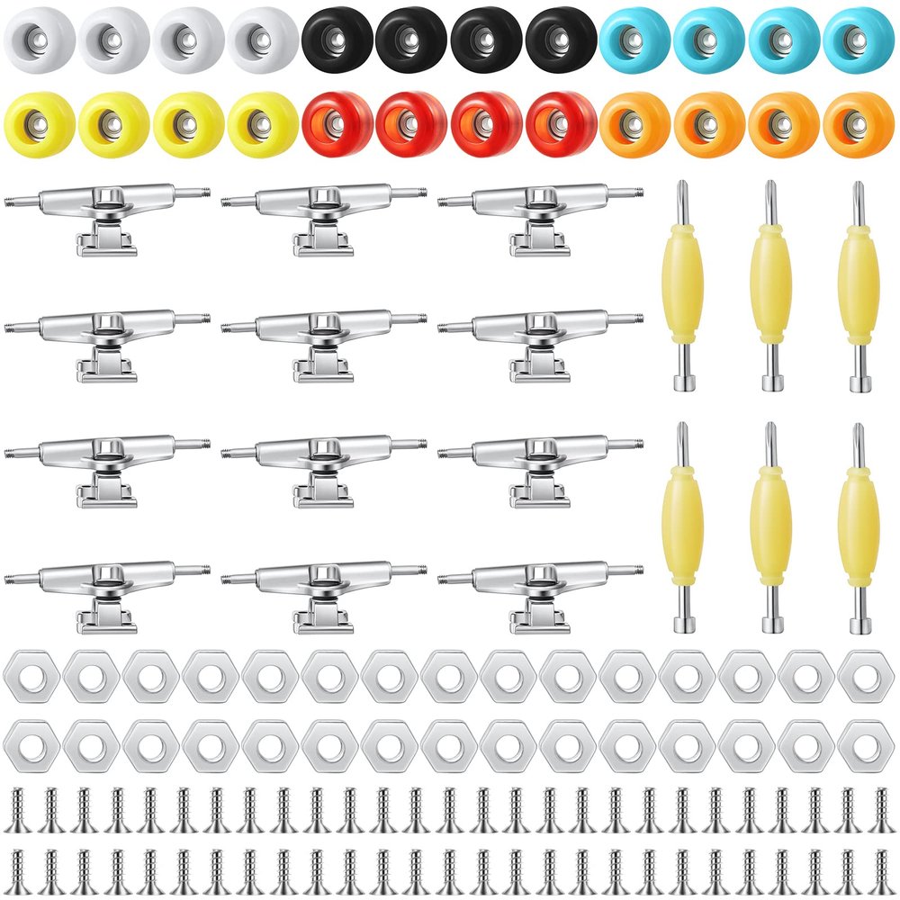 Jexine 6 Sets DIY Fingerboard Kit Fingerboard Accessories Mini Finger Skateboard Parts Include 12 Brackets 54 Screws 30 Nuts 6 Screwdriver 24 Board Wheels Tool for 96mm(Colorful)
