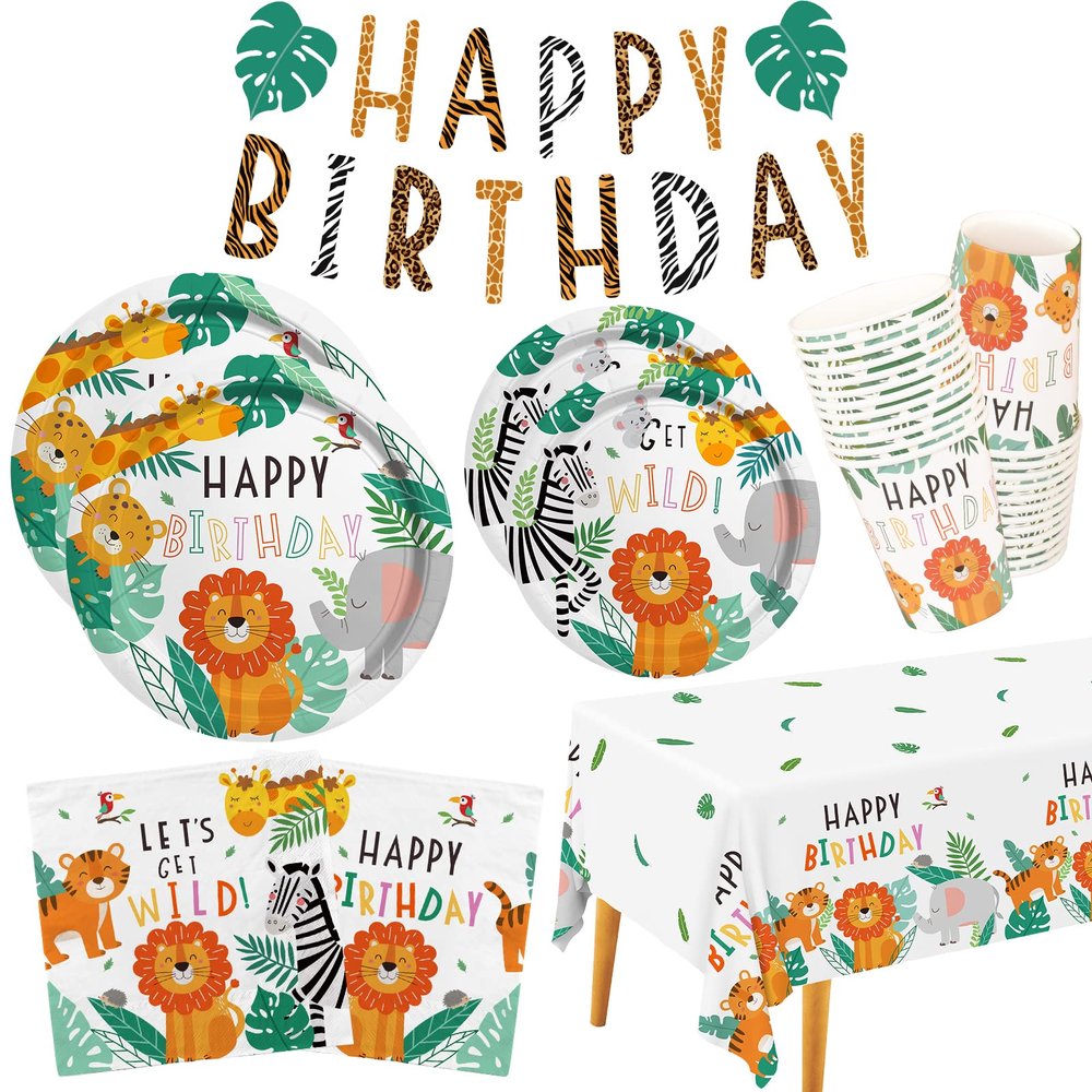 Safari Birthday Party Supplies Jungle Disposable Paper Plates Napkins Cups Tablecloth and Banner for Safari Jungle Theme Birthday Decorations, Serve 25