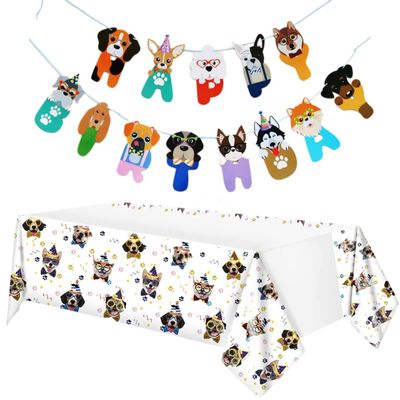 2 PCS Dog Birthday Party Supplies,Dog Disposable Tablecloth With Happy Birthday Banner,134 x 180 cm/53 x 71 inches Puppy Paw Print Plastic Table Covers for Dog Birthday Party Rectangle Tables