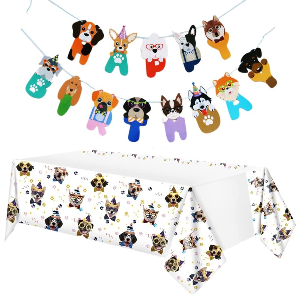 2 PCS Dog Birthday Party Supplies,Dog Disposable Tablecloth With Happy Birthday Banner,134 x 180 cm/53 x 71 inches Puppy Paw Print Plastic Table Covers for Dog Birthday Party Rectangle Tables
