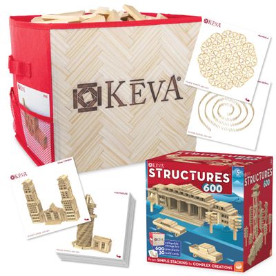 MindWare KEVA Structures 600 Plank Wooden Building Blocks Set, Includes 600 Pine KEVA Planks, 30 Idea Cards and Collapsible Storage Bin