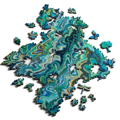 Marbling Infinity Wood-Art Mind Exercise Challenge for Adults - 363 Pieces - No Fixed Shape - Endlessly Reconfigurable - 12 x 10.5 in - Large - Blue Green