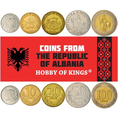 5 Coins from Albania | Albanian Coin Set Collection 5 10 20 50 100 Leke | Circulated 1995-2020 | Teuta | Genthios | Eagle | Dolphin | Berat | Olive | Liburn