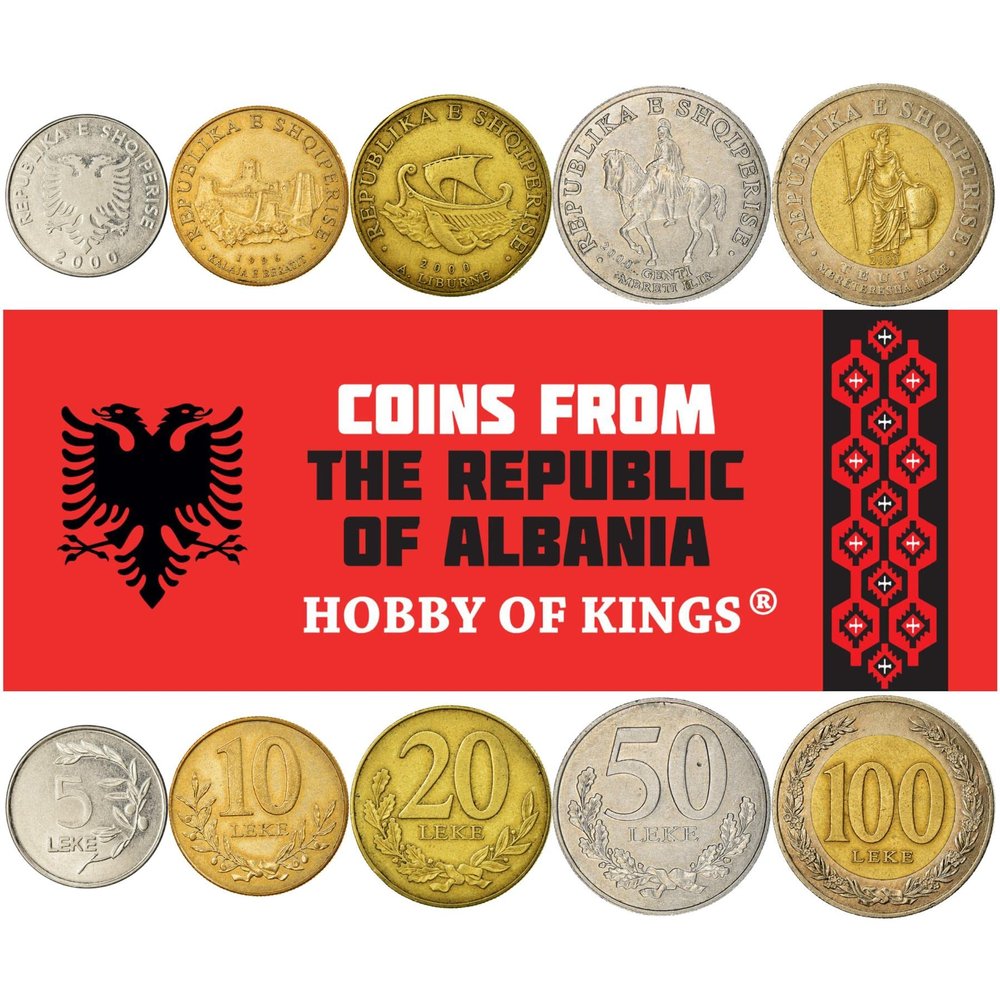 5 Coins from Albania | Albanian Coin Set Collection 5 10 20 50 100 Leke | Circulated 1995-2020 | Teuta | Genthios | Eagle | Dolphin | Berat | Olive | Liburn