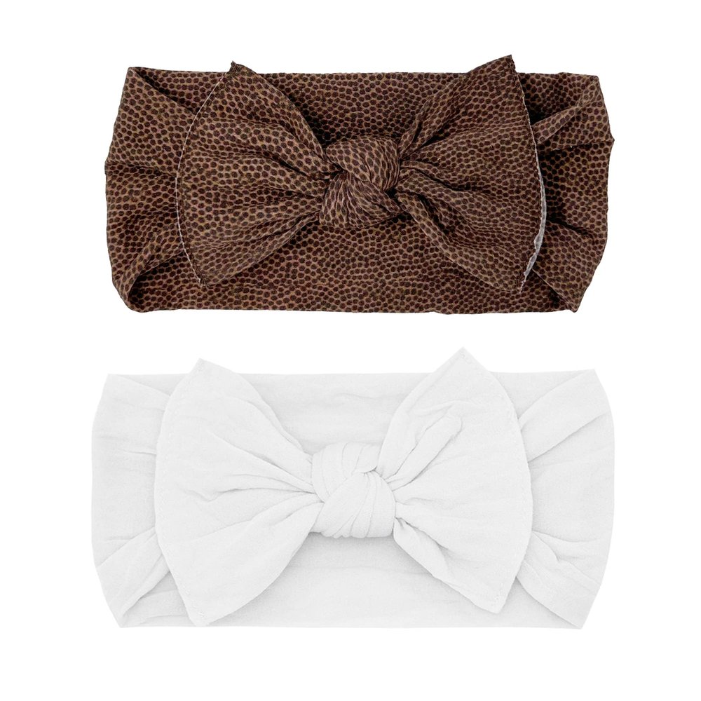 Baby Bling Bows - Newborn to Little Baby Girl Bows, 2PK PRINT SOLID KNOTS Nylon Super Soft Stretchy Toddler Headbands, Perfect Hair Accessories Head Bands for Infant Kids (Brown & White)