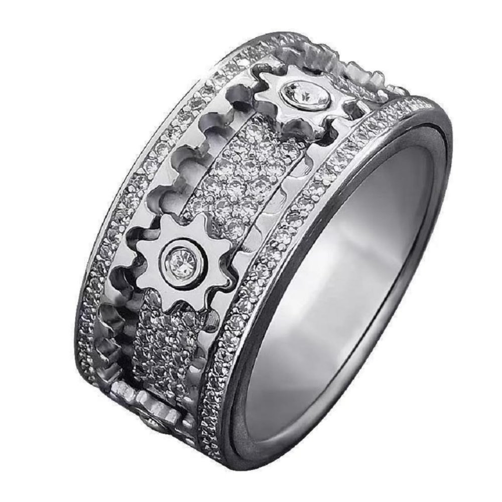 BVCERLINE Spinner Ring Fidget Ring for Men Fidget Anxiety Ring Full Diamond alloy Anxiety Stress Relieving Band Rings Fidget Spinner Man Couples Rotating Mechanical Ring (Silver, 10)