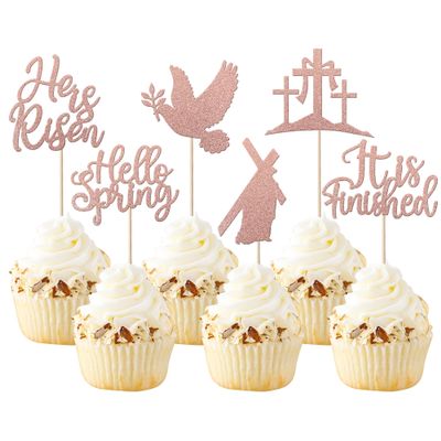 24 Pack First Holy Communion Cupcake Toppers Glitter Peace Pigeon Cross Cupcake Picks He is Risen Cake Decorations for Religion Theme Birthday Party Supplies Rose Gold