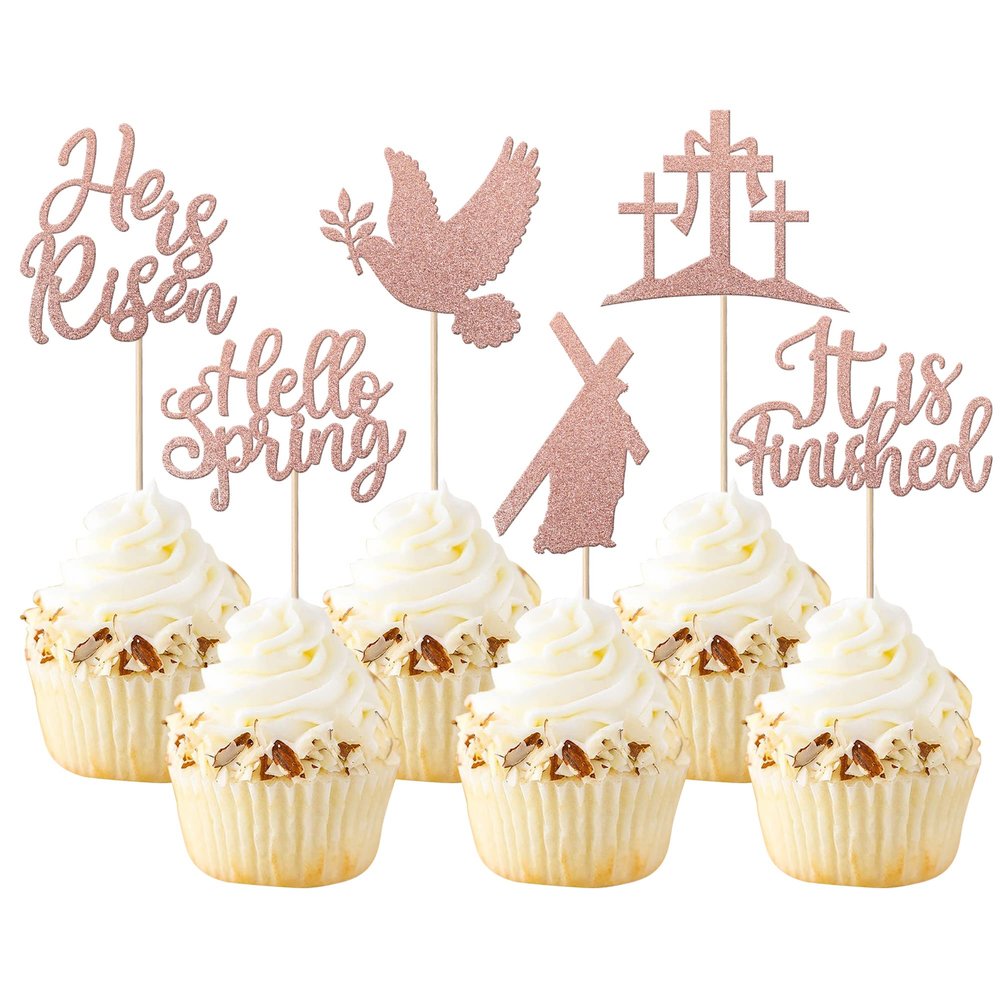 24 Pack First Holy Communion Cupcake Toppers Glitter Peace Pigeon Cross Cupcake Picks He is Risen Cake Decorations for Religion Theme Birthday Party Supplies Rose Gold