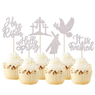 24 Pack Cross Cupcake Toppers Glitter It is Finished Peace Pigeon Cupcake Picks Hello Spring Cake Decorations for Christianity Theme Birthday Party Supplies Silver