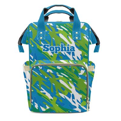 Blue Green Camouflage Diaper Backpack with Name Custom Backpack Mommy Nappy Baby Bag Waterproof Casual Travel Daypack Tote Bag for Mom Dad