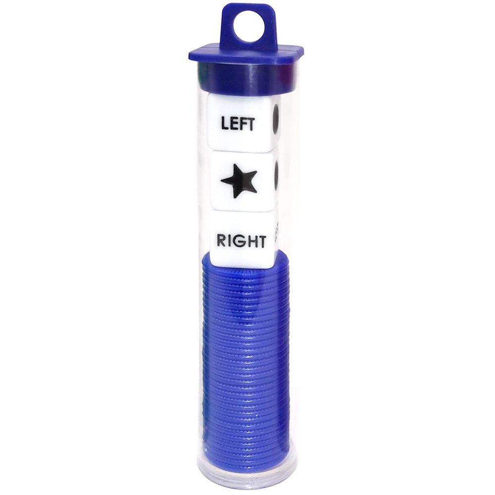 Ahoper Left Right Center Dice Game Prime Set Bundle with 3 Dices + 36 Chips. Round Tube Storage is Very Convenient for Travel. Easy to Store, Carry Around. (Blue)