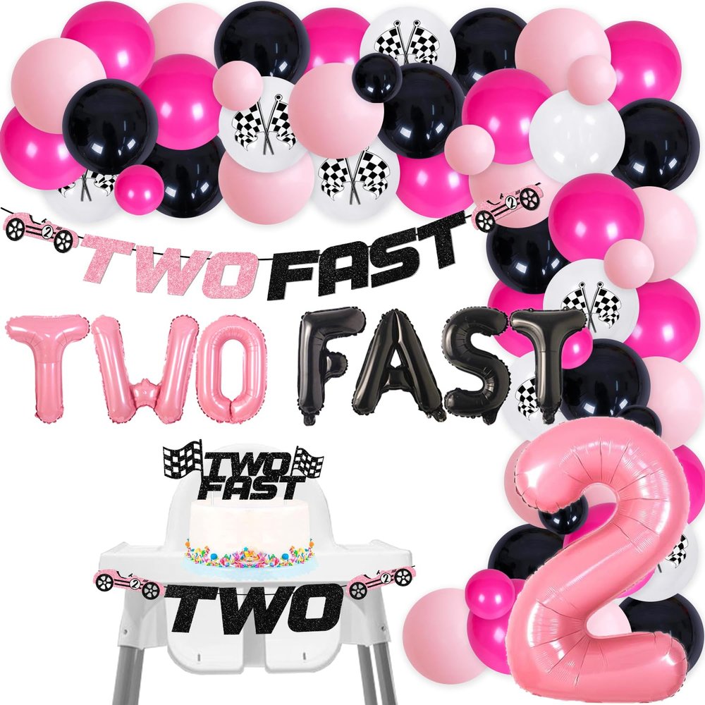80Pcs Race Car Two Fast Party Decorations for Girls, Pink Racing Theme 2nd Birthday Party Decoration, Glitter Two Fast High Chair Banner Pink Black Balloons Garland Kit, for 2 Fast Birthday Party