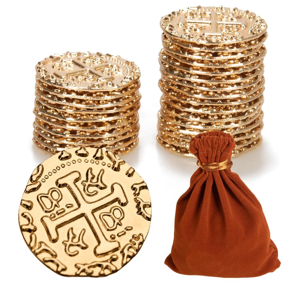 v2croft 50 Metal Pirate Coins Gold, Gold Treasure Coin Set, Metal Replica Spanish Doubloons for Board Games Tokens, Kids Cosplay Pirate Party Treasure Chest Coin (1.18'')