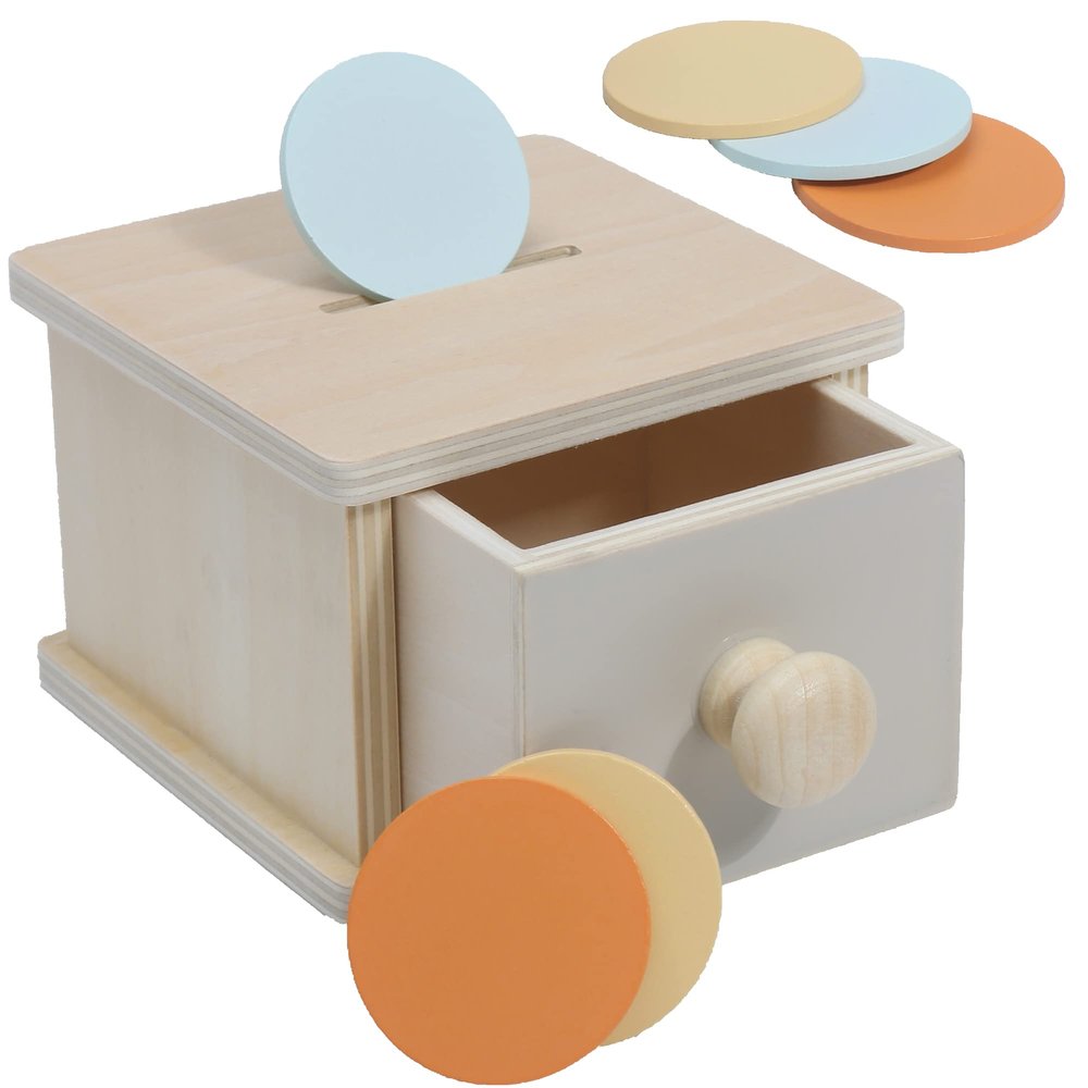 Montessori Coin Box, Montessori Toys for 1 Year Old Toddler Coins, Baby Wooden Toy Ball Infant Drawer Drop, 1+ Baby Essentials Object Permanence Learning
