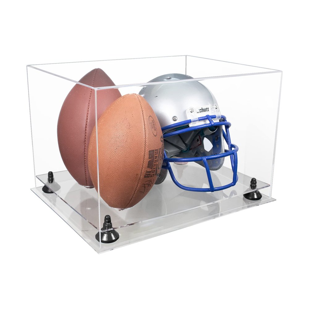 Better Display Cases Acrylic Double Football and Helmet Display Case - Large Rectangle Box with Clear Case, Black Risers and Clear Base 18" x 14" x 12" (A014/B60)
