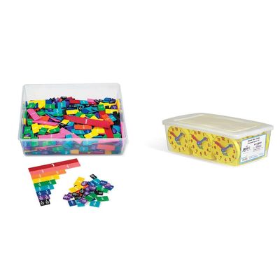 hand2mind Plastic Rainbow Fraction Tiles + Mini Geared Clock for Learning to Tell Time (15 Sets of 51 Pieces + Set of 24)