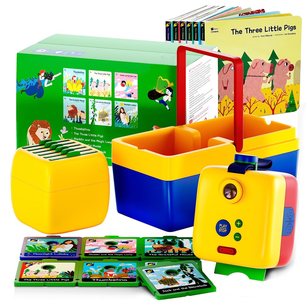 Story Cinema Kids Interactive Read-Aloud Storytelling Projector Audiovisual Bedtime Story Player Starter Set w/6 Classic Books, Easy-to-Use Includes Lullaby