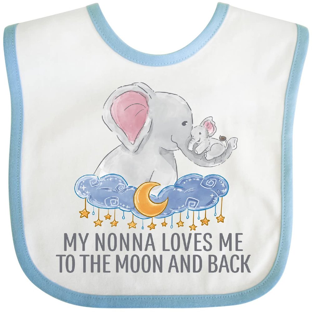 inktastic My Nonna Loves Me To the Moon and Back Elephants in Clouds Baby Bib White and Blue 41f78