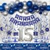 15th Birthday Decorations for Boys and Girls Blue Silver, Happy 15th Birthday Decorations Banner Birthday Balloons Number 15 Tablecloth Fringe Curtains Hanging Swirls, 15 Years Old Bday Party Supplies view 1
