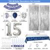 15th Birthday Decorations for Boys and Girls Blue Silver, Happy 15th Birthday Decorations Banner Birthday Balloons Number 15 Tablecloth Fringe Curtains Hanging Swirls, 15 Years Old Bday Party Supplies view 2