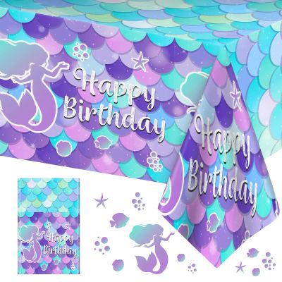 1 Pcs Mermaid Tablecloth-Happy Birthday Mermaid Table Cover, Disposable Plastic Rectangle Ocean Under The Sea Mermaids Table Cloth for Mermaids Birthday Decorations and Party Supplies, 54 x 108 Inch