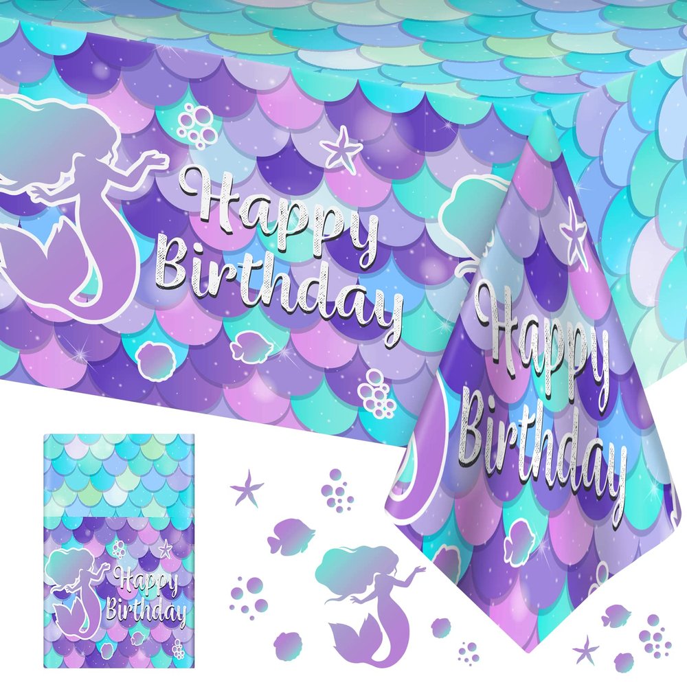 1 Pcs Mermaid Tablecloth-Happy Birthday Mermaid Table Cover, Disposable Plastic Rectangle Ocean Under The Sea Mermaids Table Cloth for Mermaids Birthday Decorations and Party Supplies, 54 x 108 Inch