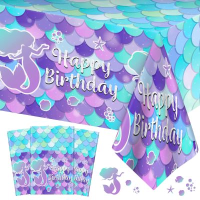 3 Pcs Mermaid Tablecloth-Happy Birthday Mermaids Table Cover, Disposable Plastic Rectangle Ocean Under The Sea Mermaids Table Cloth for Mermaid Birthday Decorations and Party Supplies, 54 x 108 Inch