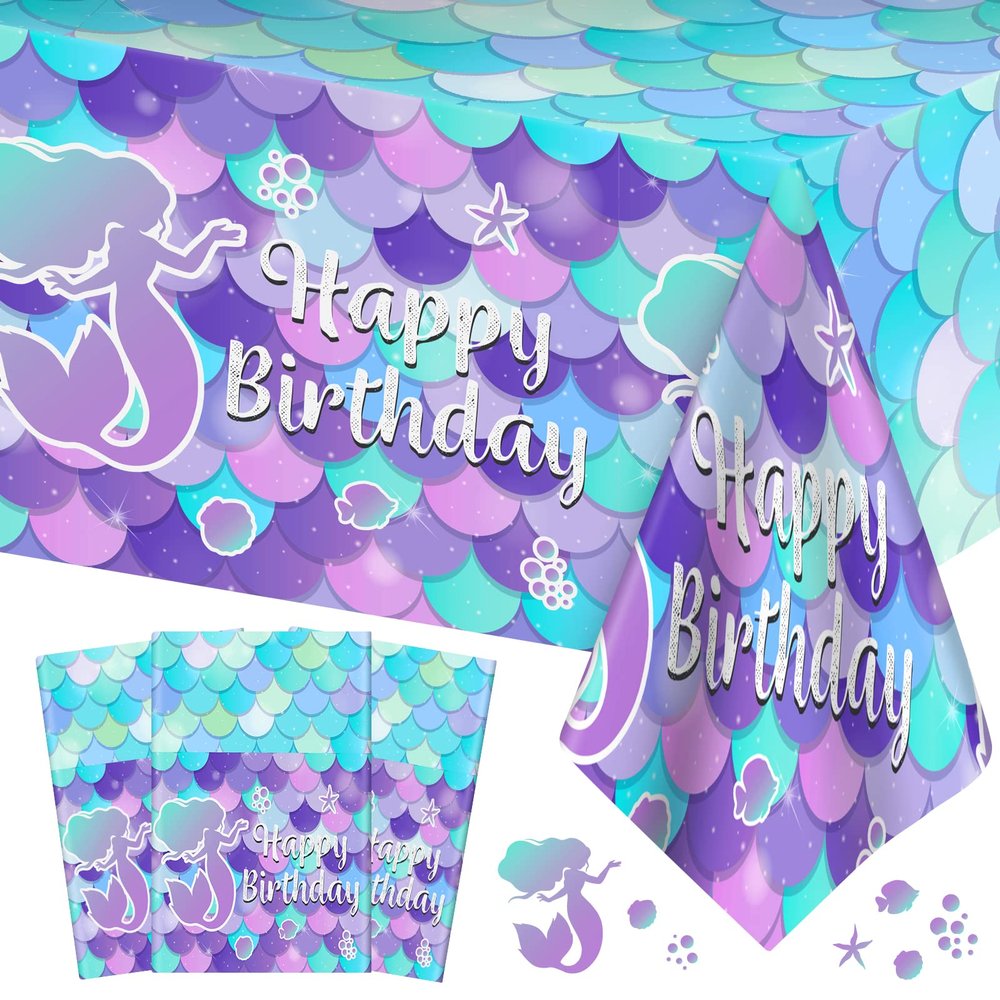 3 Pcs Mermaid Tablecloth-Happy Birthday Mermaids Table Cover, Disposable Plastic Rectangle Ocean Under The Sea Mermaids Table Cloth for Mermaid Birthday Decorations and Party Supplies, 54 x 108 Inch